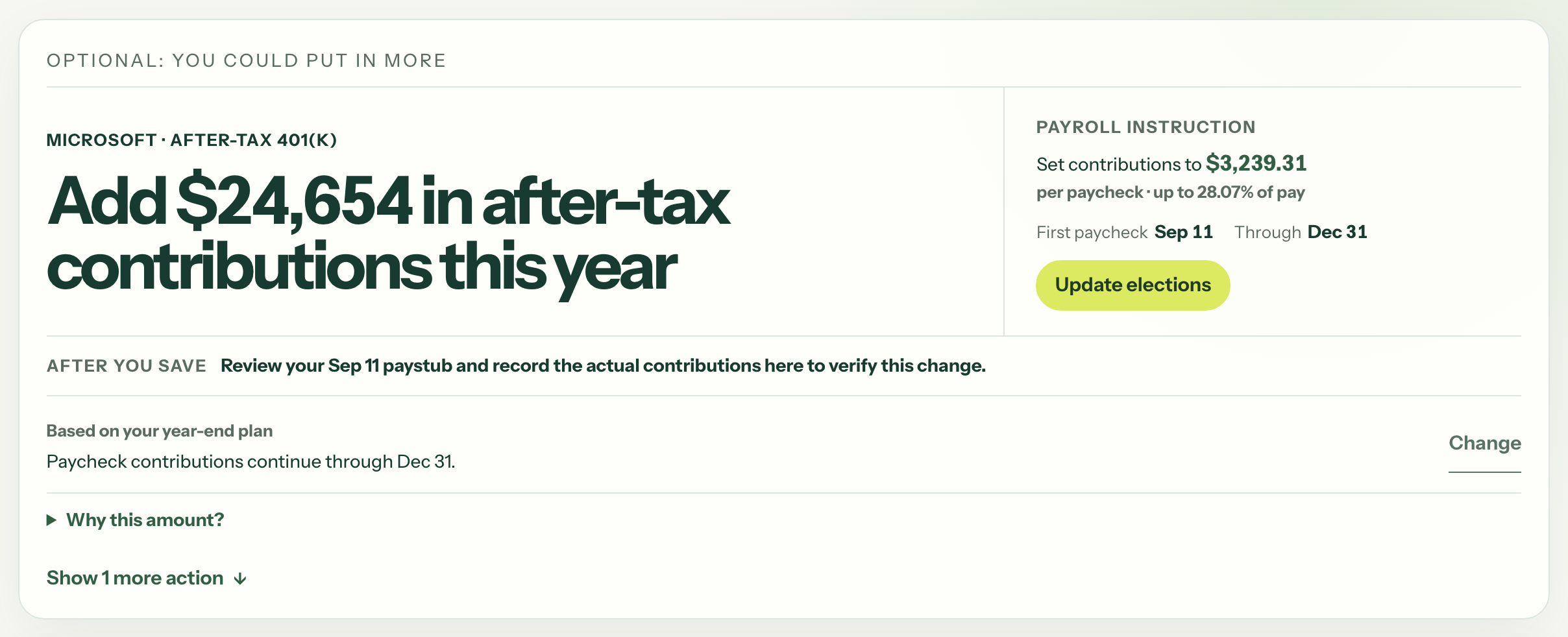 The portal recommending an after-tax 401(k) amount per paycheck and naming the first paycheck and the through date