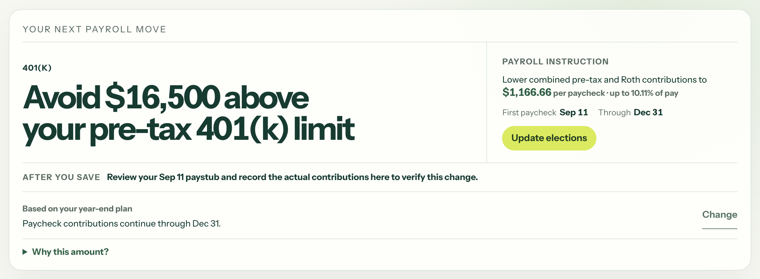 The portal warning of a projected excess and giving the lower per-paycheck amount