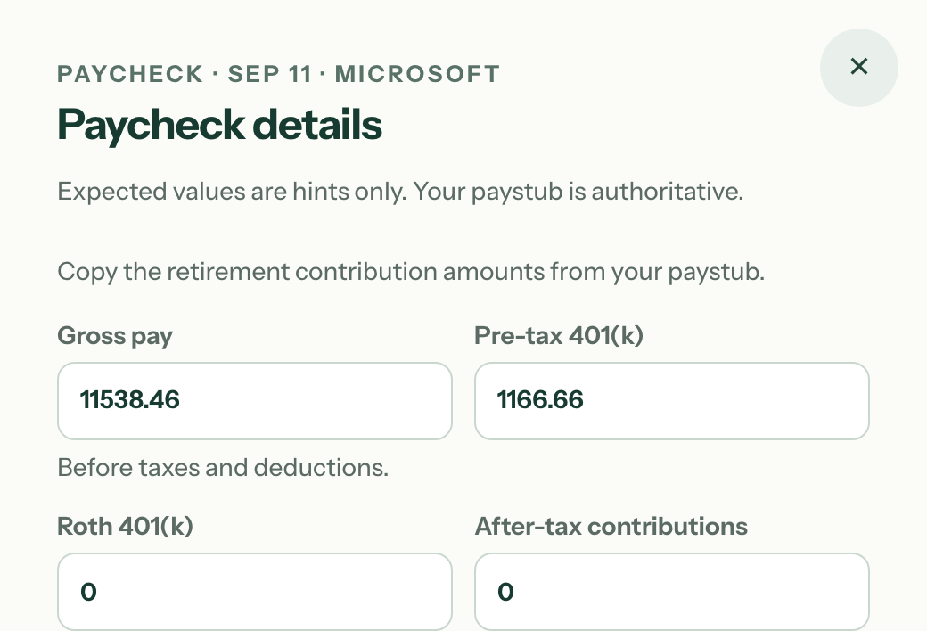 The paycheck check-in sheet with gross pay and each contribution amount